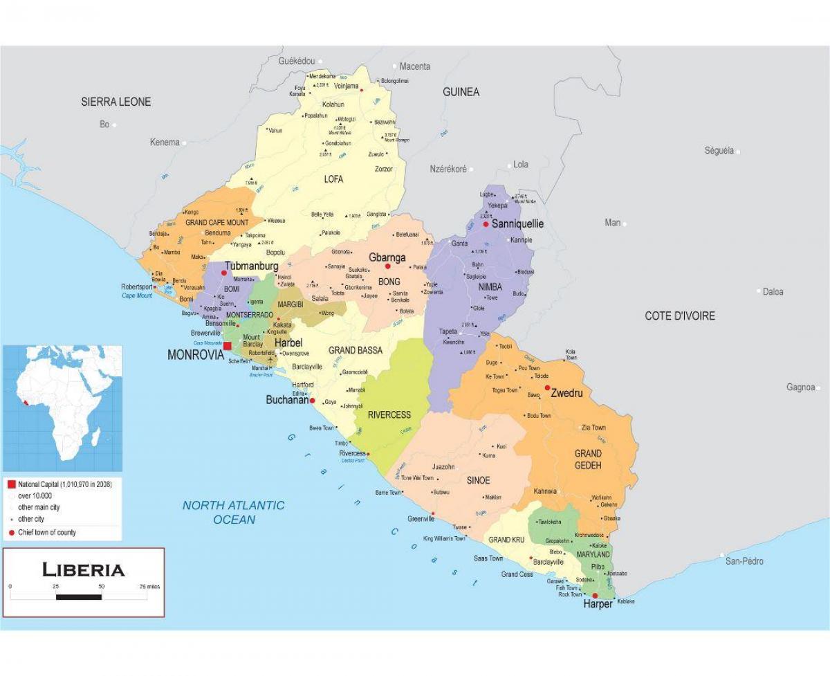 地图绘制的政治地图，利比里亚