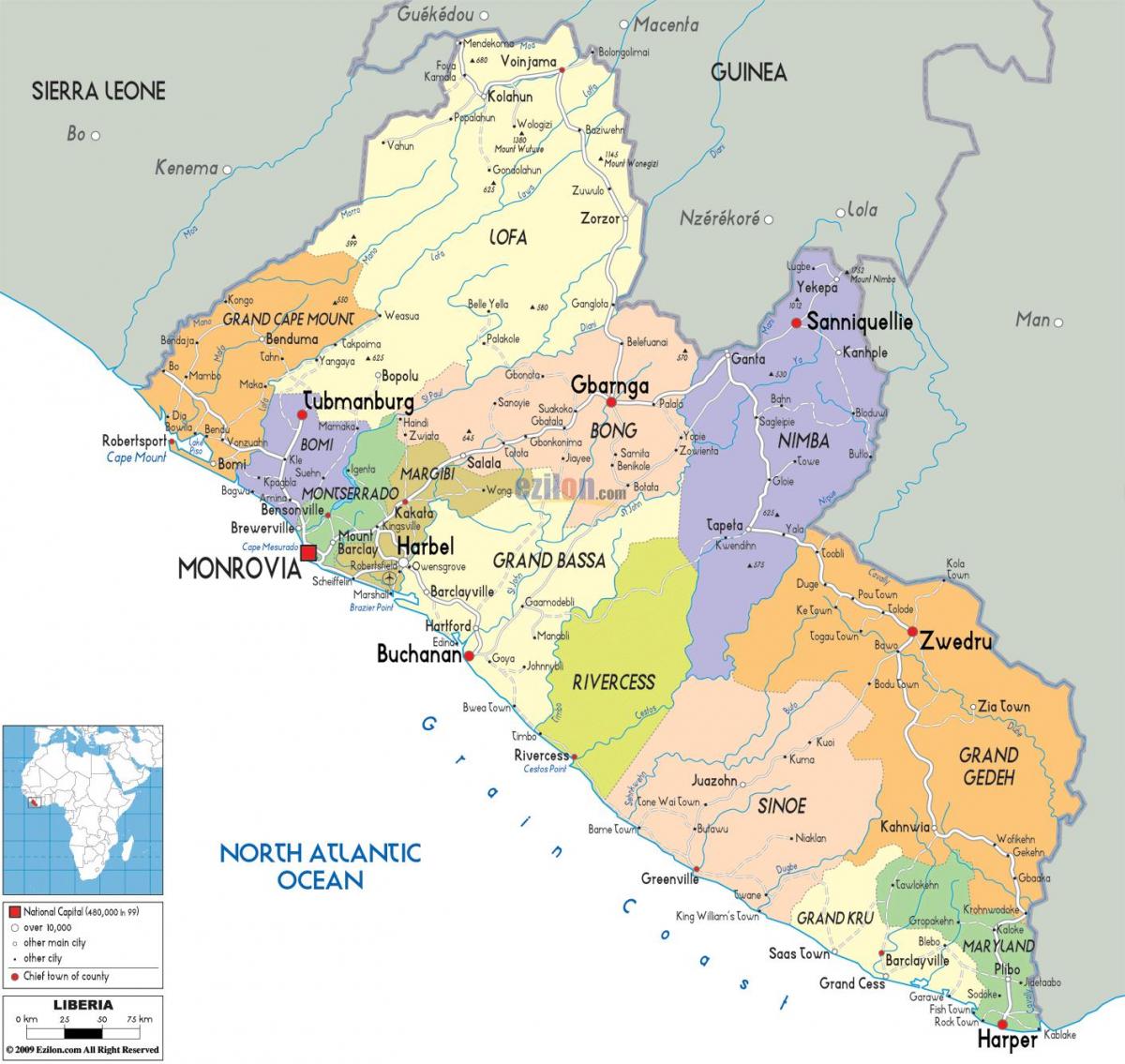 政治地图，利比里亚